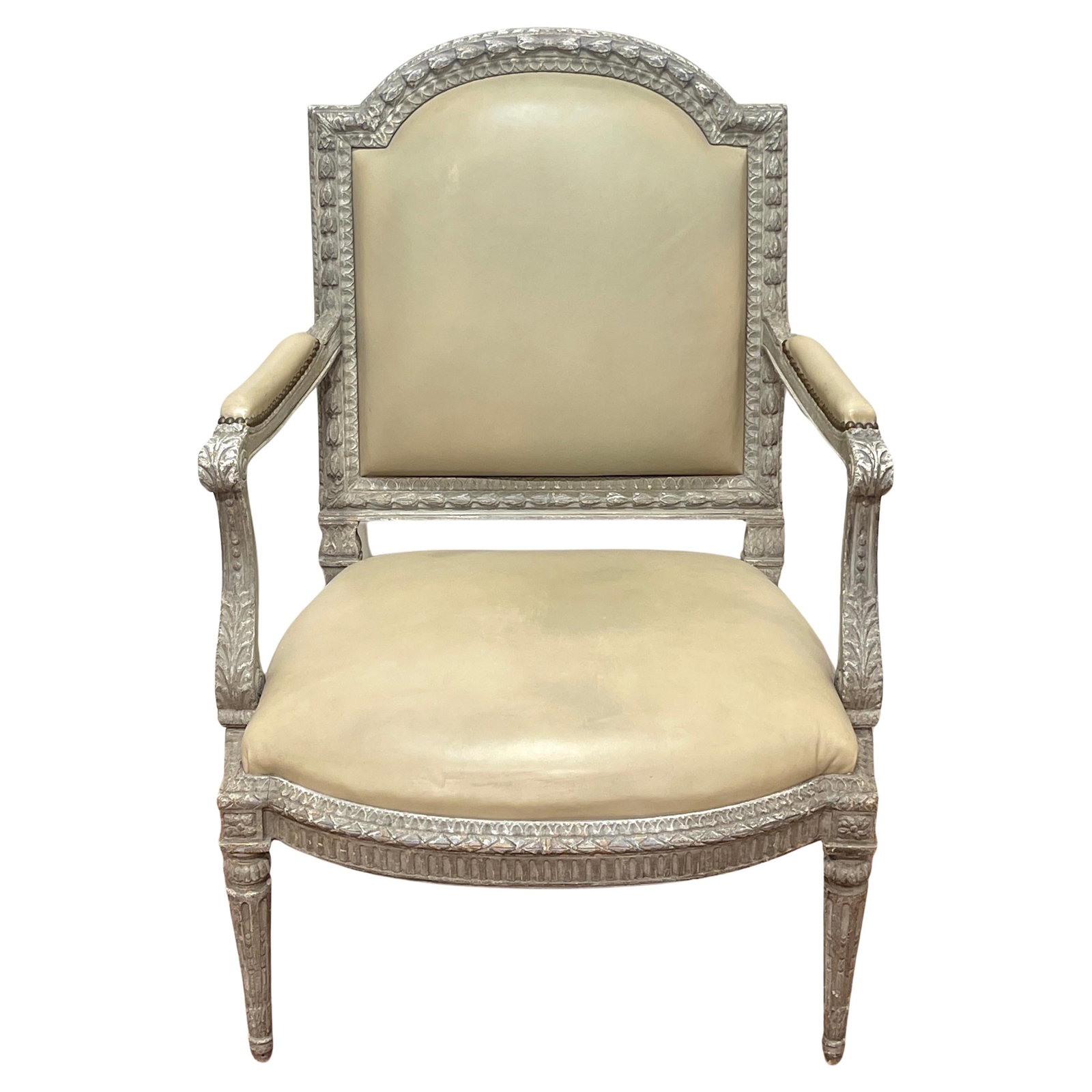 Louis XVI Neoclassical Silvered Leather Bergere Armchair France 20th Century (1 of 13)