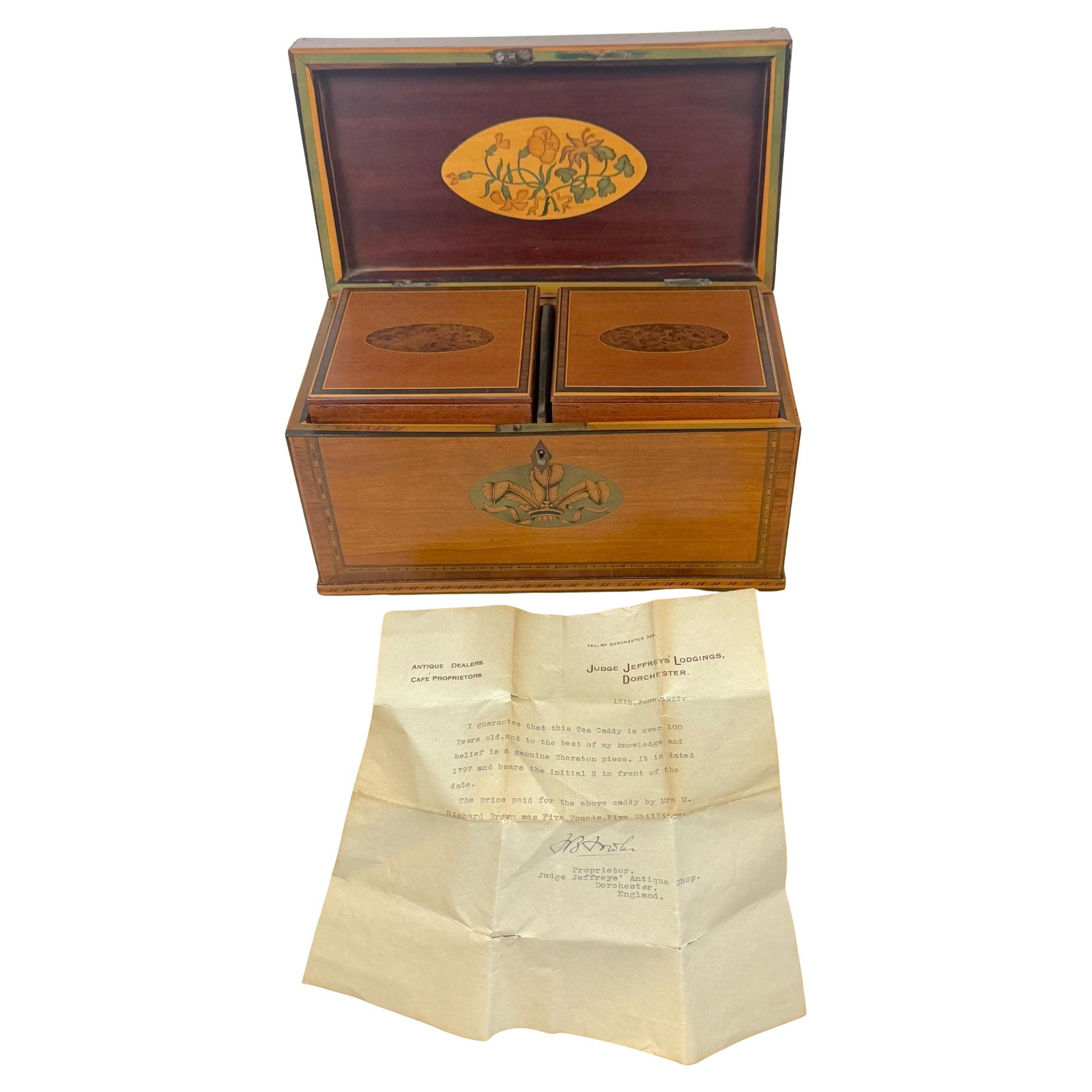 Sheraton Period Marquetry Tea Caddy Set With Prince of Wales Feathers, England, 1797: Sheraton Period Marquetry Tea Caddy Set With Prince of Wales Feathers, England, 1797 This documented Georgian Sheraton period marquetry tea caddy dates to circa 1795-1800 and is attributed to Gillows