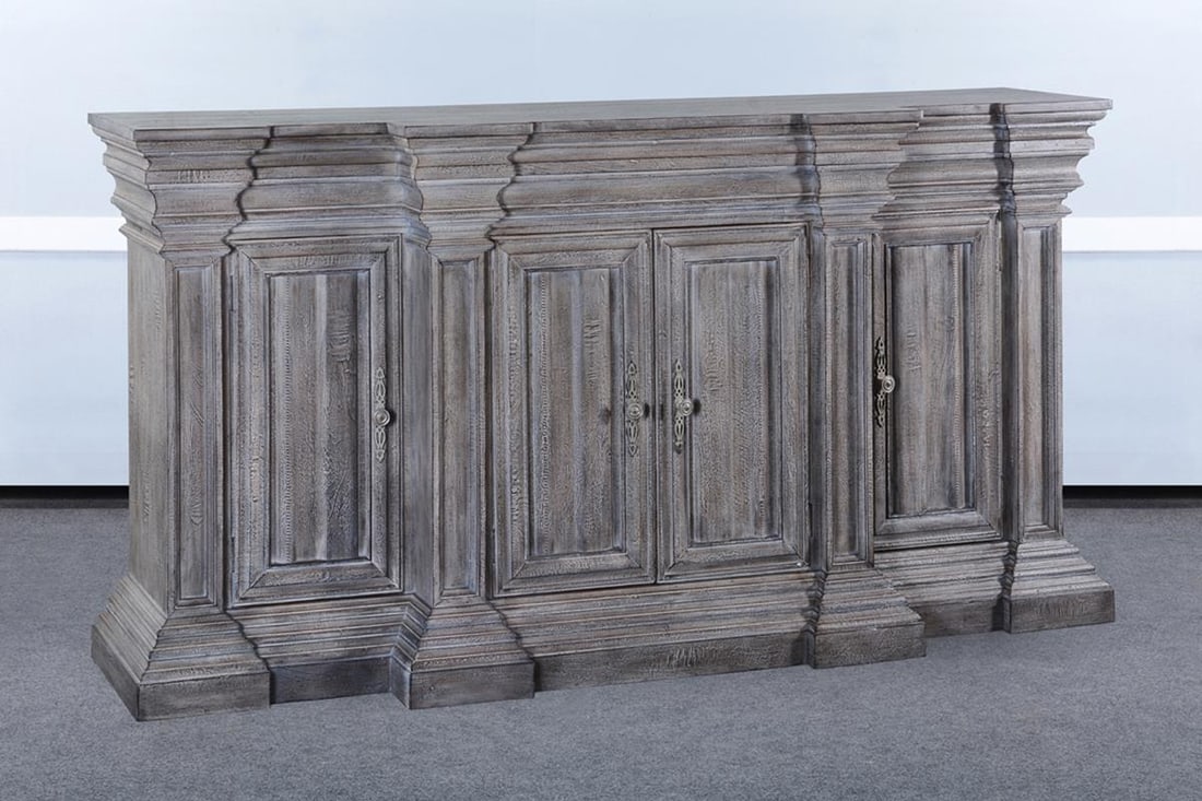 Elegant French Style Weathered Gray Solid Wood Sideboard: Elegant French Style Weathered Gray Solid Wood Sideboard This stately sideboard features a weathered gray finish that enhances its vintage charm. Crafted from solid wood, it showcases intricate cornic