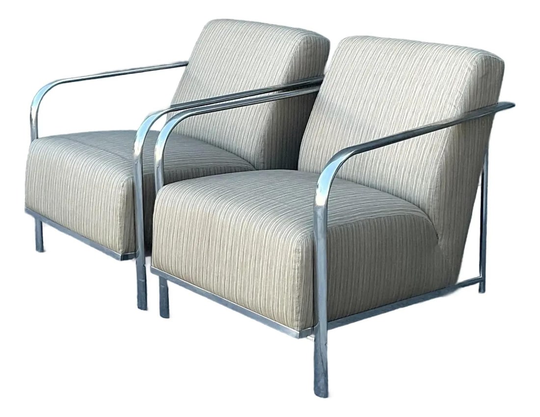 Pair of Postmodern Chrome Frame Lounge Chairs with Neutral Striped Upholstery (1 of 10)