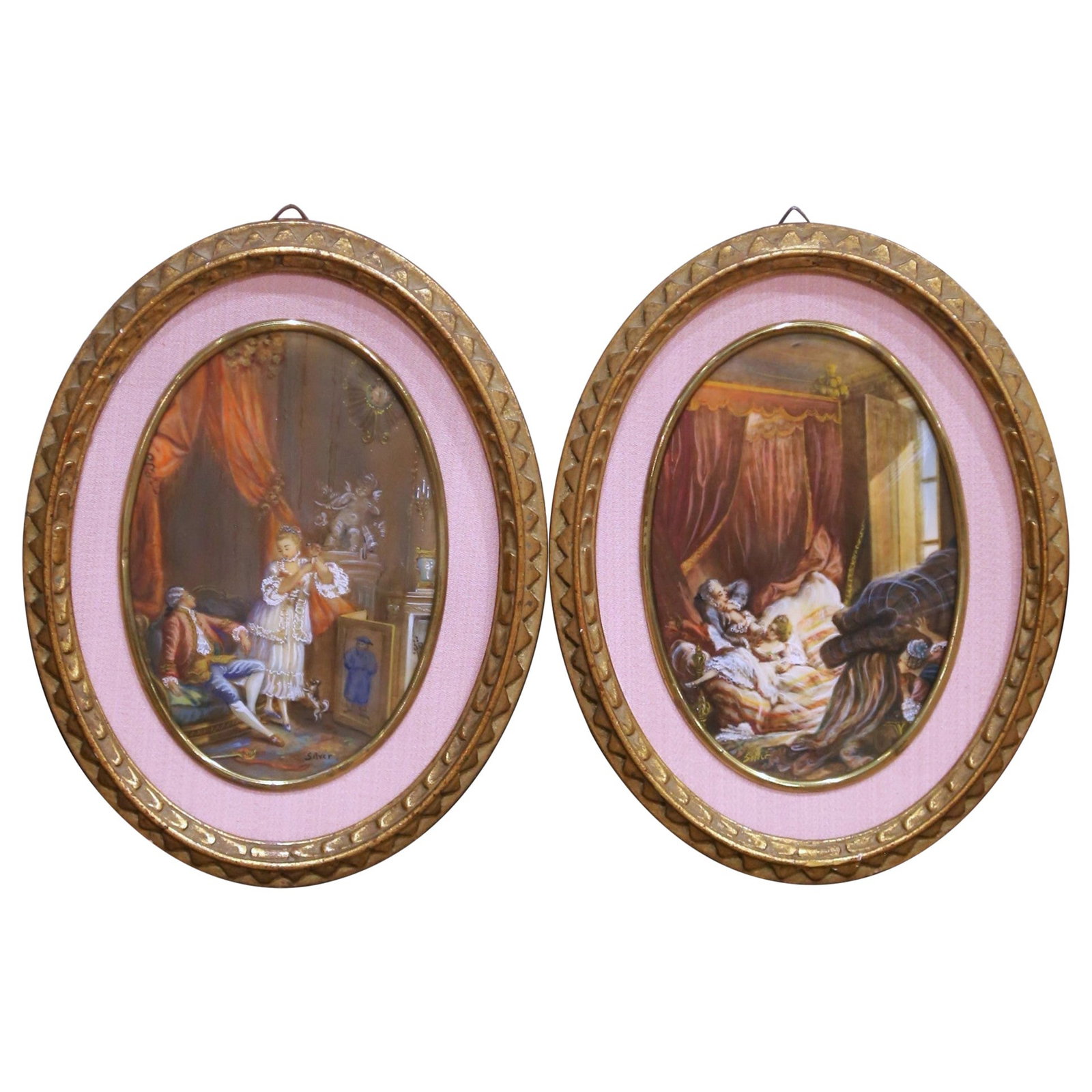 Set of 2 French Oval Gilt Framed Painted Glass Wall Pendants circa 1960: Set of 2 French Oval Gilt Framed Painted Glass Wall Pendants circa 1960 This pair of mid-century French wall pendants features hand-painted genre scenes on the reverse side of convex glass, executed i