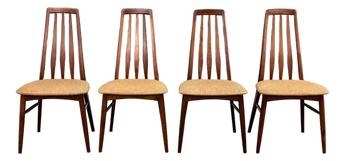 1960s Koefoeds Hornslet Teak Eva Dining Chairs Set of 4: 1960s Koefoeds Hornslet Teak Eva Dining Chairs Set of 4 This set of four mid-century modern Eva dining chairs, designed by Koefoeds Hornslet, showcases the timeless elegance of Danish design. Crafted