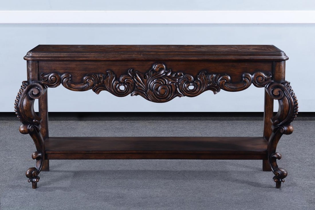 Baroque Rococo Console Table Distressed Walnut Solid Wood - 2