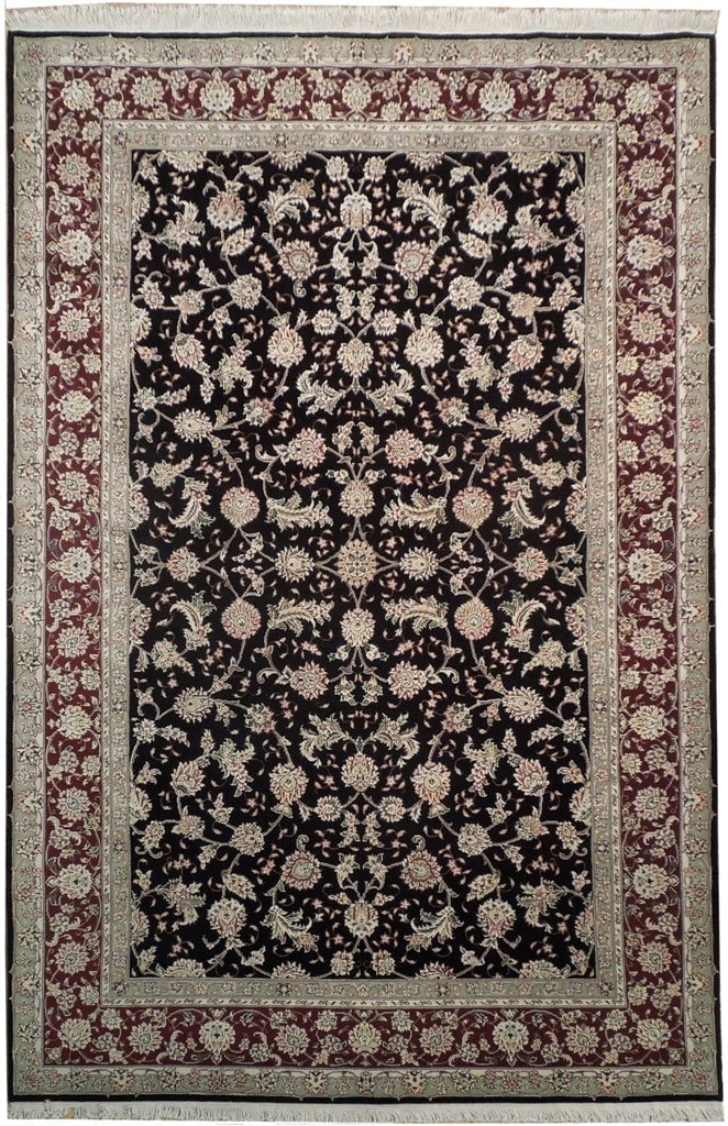 6 x 9 Handmade Wool Silk Rug Black Burgundy: 6 x 9 Handmade Wool Silk Rug Black Burgundy Free continental US Shipping Enhance your space with this exquisite 6 x 9 handmade rug, crafted from a luxurious blend of wool and silk. The striking black 