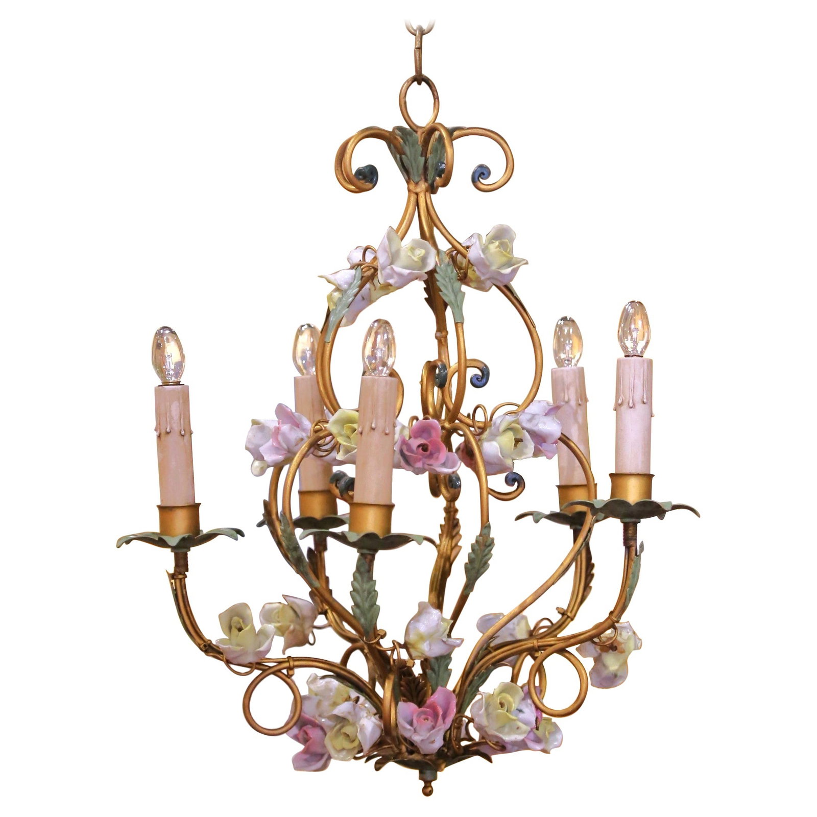 French Floral Five-Light Chandelier Early 20th Century Gilt Metal and Porcelain (1 of 10)