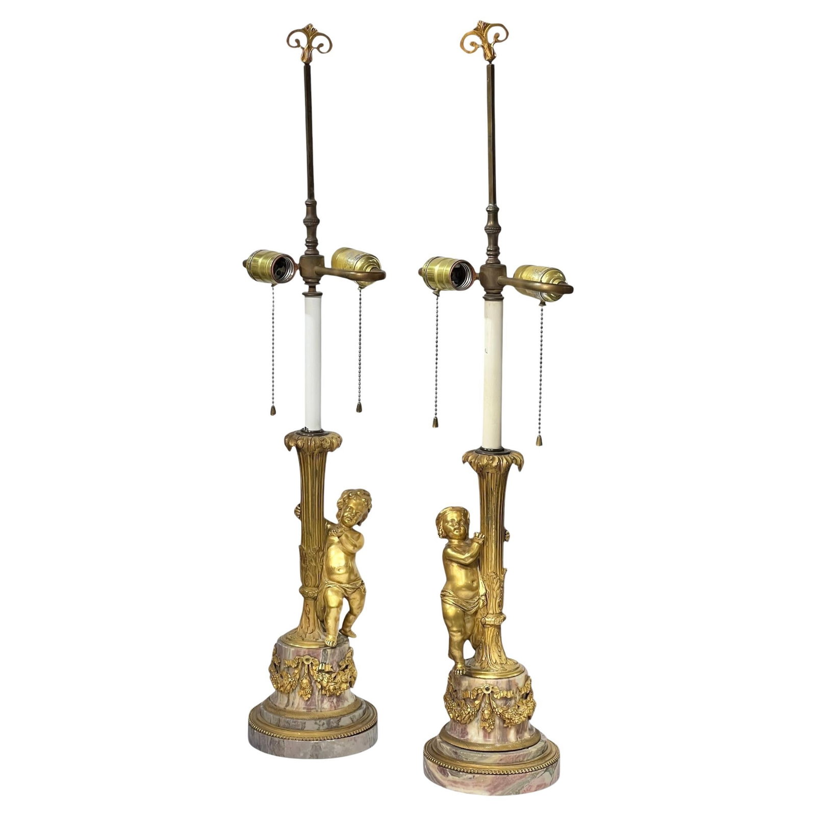 Set of 2 Louis XVI Gilt Bronze Marble Cherub Table Lamps (1 of 10)
