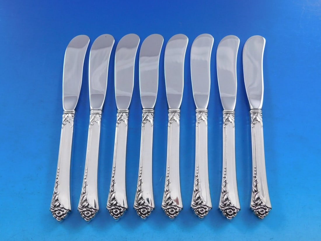 Oneida Damask Rose Sterling Silver Butter Spreader Set of 8 (1 of 4)