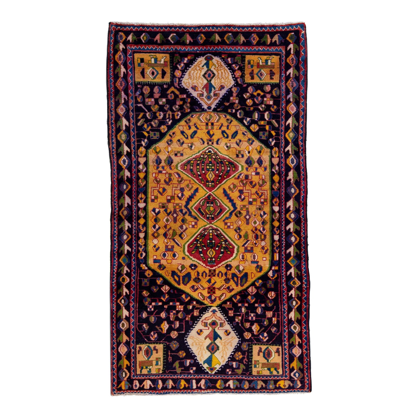 1960s Persian Shiraz Handmade Wool Rug Navy Blue Medallion Design: 1960s Persian Shiraz Handmade Wool Rug Navy Blue Medallion Design This exquisite vintage Persian Shiraz rug is hand-knotted from quality wool, showcasing a rich navy blue color field. The design featu