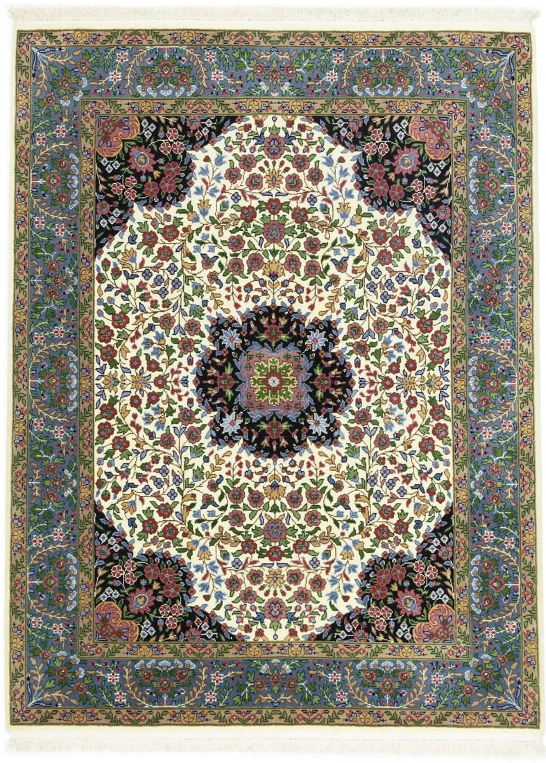 Handmade 5'1 x 6'8 Floral Wool Area Rug Cream Blue Modern Decor: Handmade 5'1 x 6'8 Floral Wool Area Rug Cream Blue Modern Decor Enhance your living space with this exquisite handmade 5X7 Oriental rug, featuring a beautiful floral pattern in cream, blue, and variou