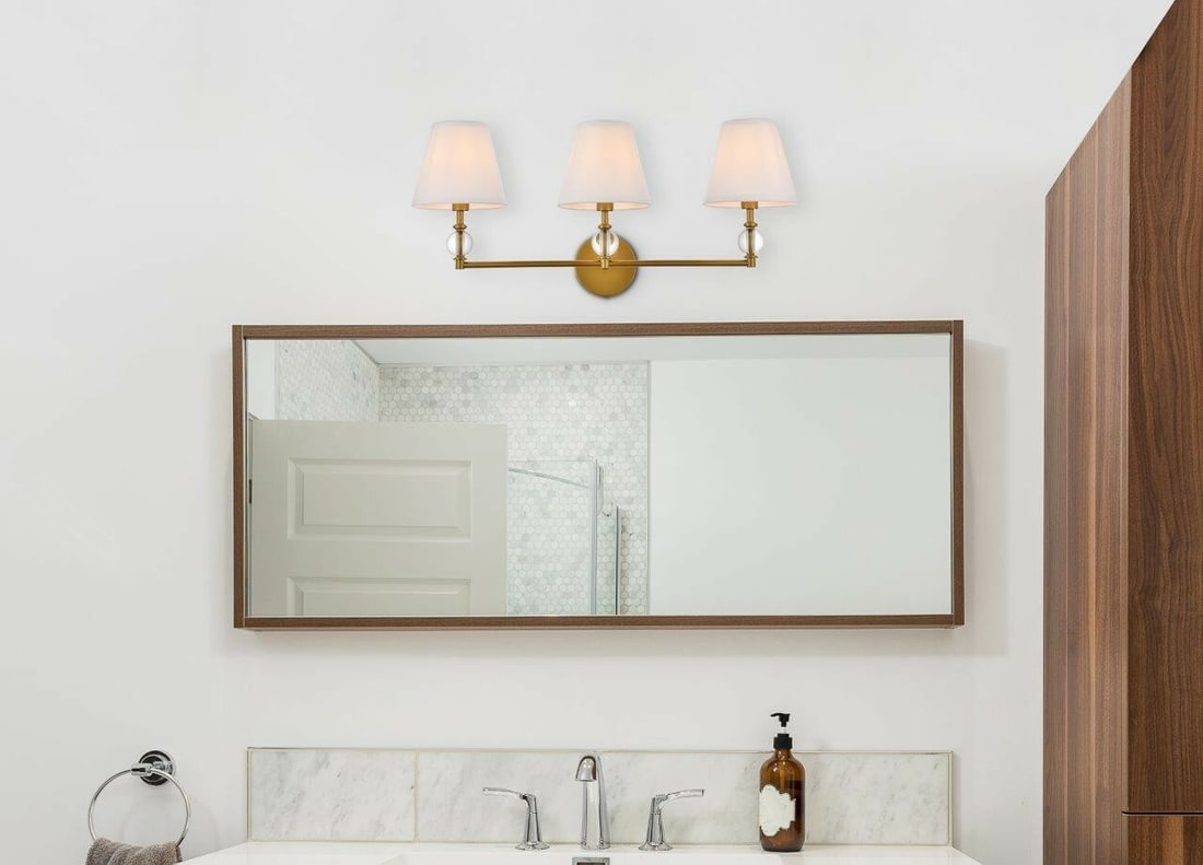 Bethany Brass Finish Wall Sconce with White Shades and Crystal Accents (1 of 8)