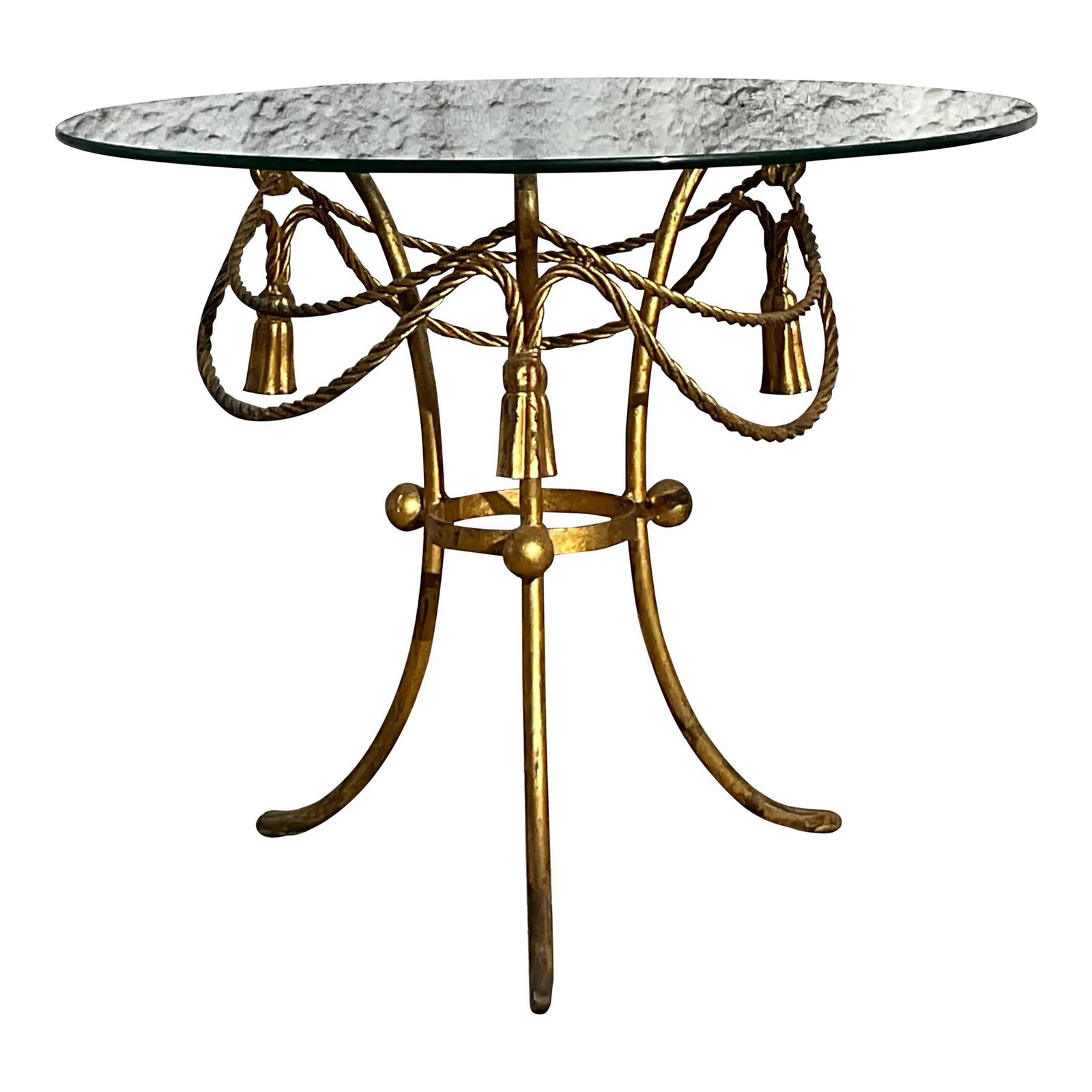 Vintage Regency Gold Brass Glass Side Table with Swags and Tassels: Vintage Regency Gold Brass Glass Side Table with Swags and Tassels Elevate your interior with this Vintage Regency Swag and Tassel Side Table, a luxurious piece that embodies classic design. Featuring