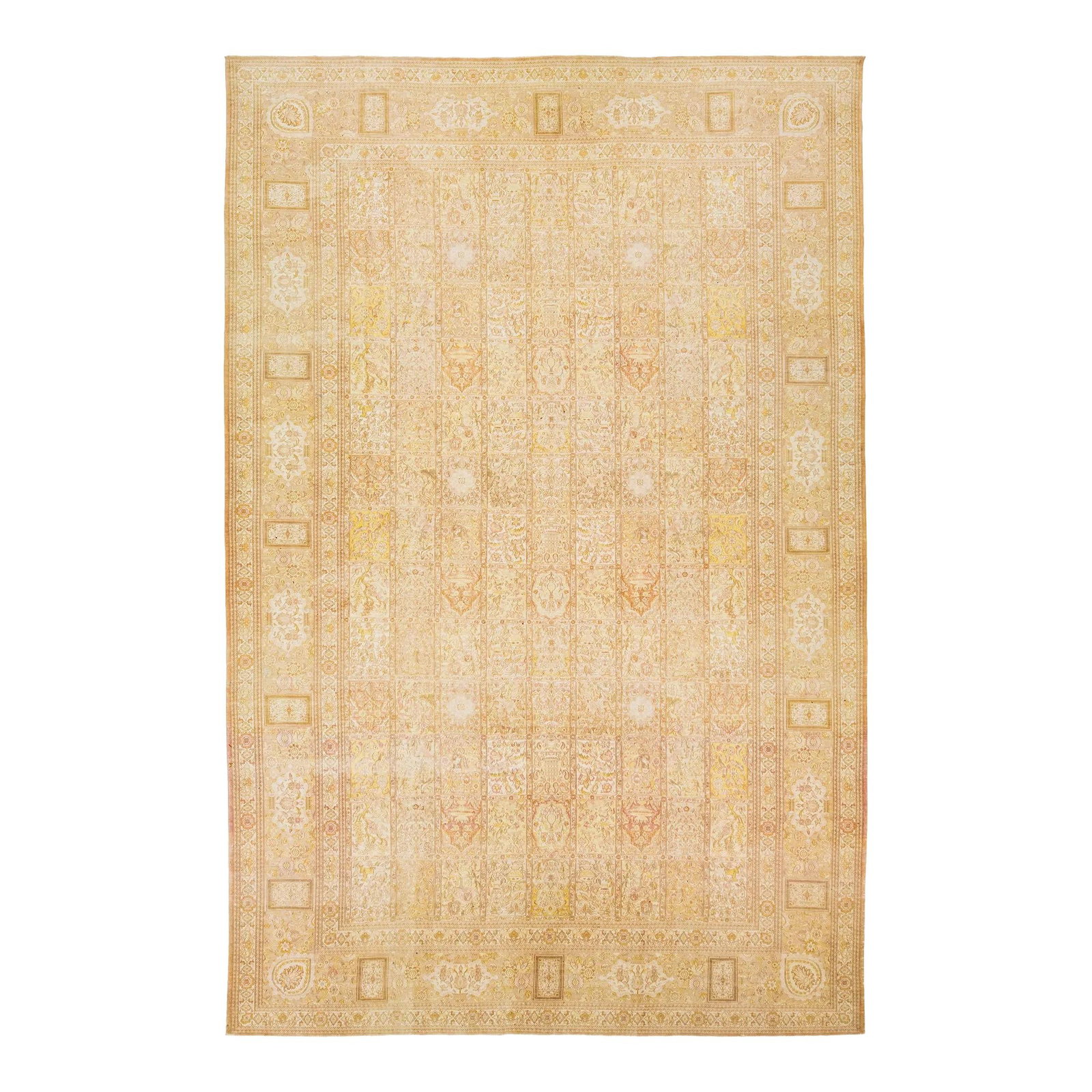 Handcrafted Persian Tabriz Beige Wool Rug 13' x 19'6' Floral Design: Handcrafted Persian Tabriz Beige Wool Rug 13' x 19'6' Floral Design Enhance your space with this exquisite handcrafted Persian Tabriz wool rug from the 1910s. Featuring a traditional floral pattern, t