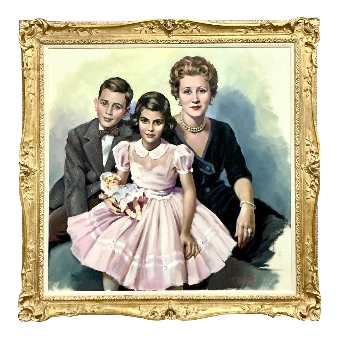Hollywood Regency Oil Painting of Mother and Children in Ornate Gilt Frame 48.5": Hollywood Regency Oil Painting of Mother and Children in Ornate Gilt Frame 48.5" This vintage oil portrait, dating to the mid-20th century, features a formal depiction of a mother and two children, re