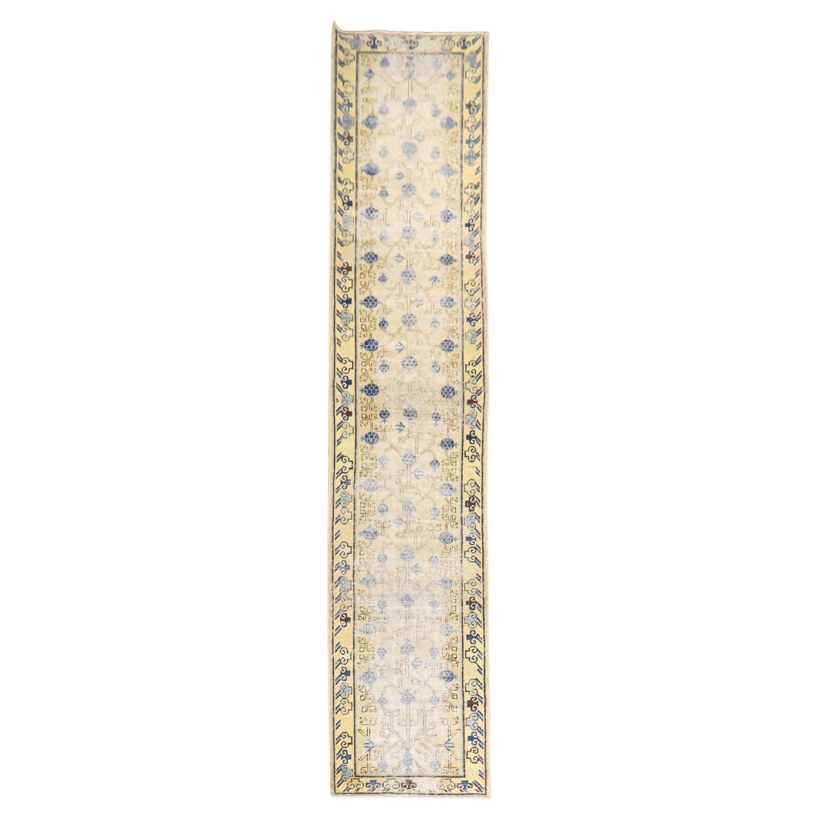 Vintage Khotan Hand-Knotted Wool Runner 30x168 Pomegranate Design: Vintage Khotan Hand-Knotted Wool Runner 30x168 Pomegranate Design This antique Khotan runner, dating back to the late 19th century, features a beautiful pomegranate design in shades of gray, mustard, 