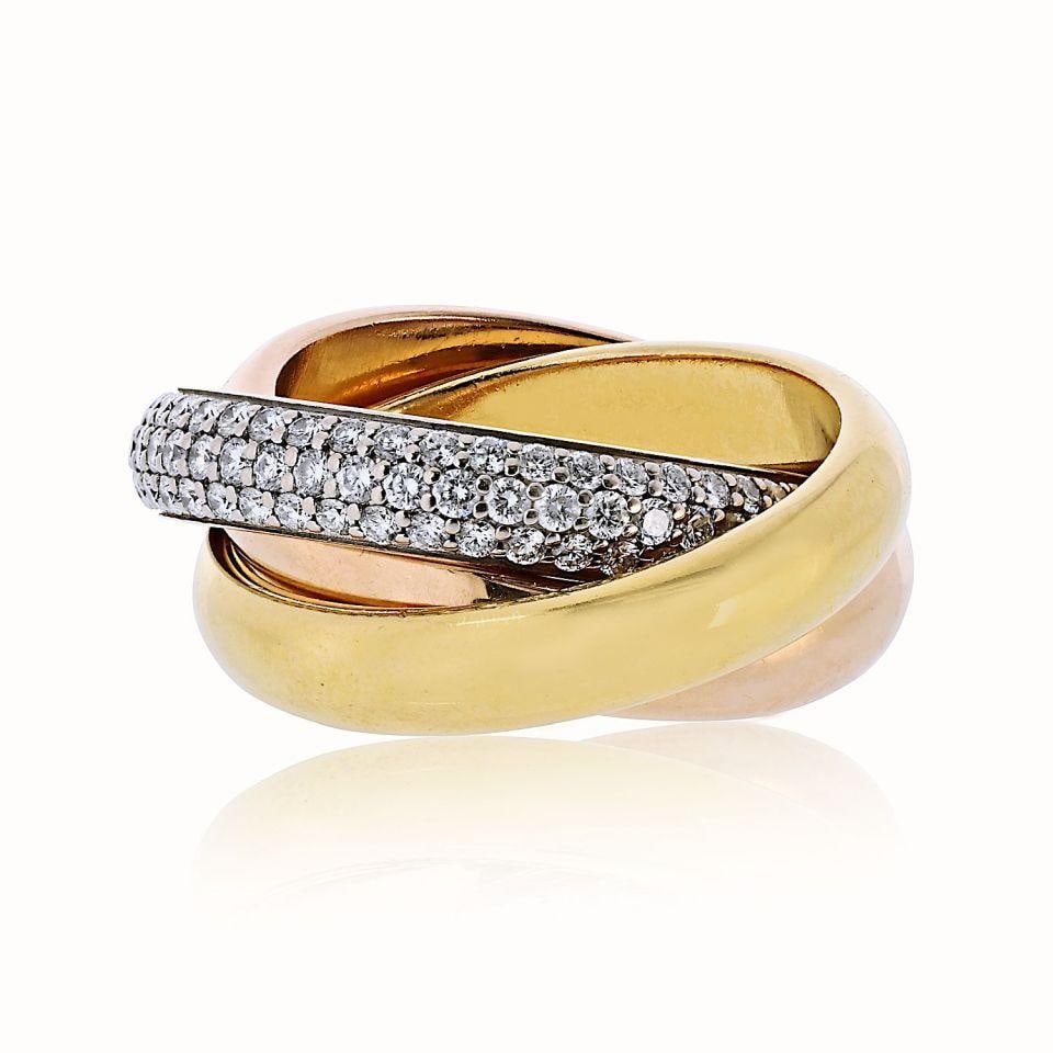 Cartier Trinity 18K Tri Color Diamond Pave Ring Size 47: Cartier Trinity 18K Tri Color Diamond Pave Ring Size 47 Discover the elegance of the Cartier Trinity 18K Tri-Color Diamond Pave Ring, a stunning estate piece that embodies the brand's iconic design. C