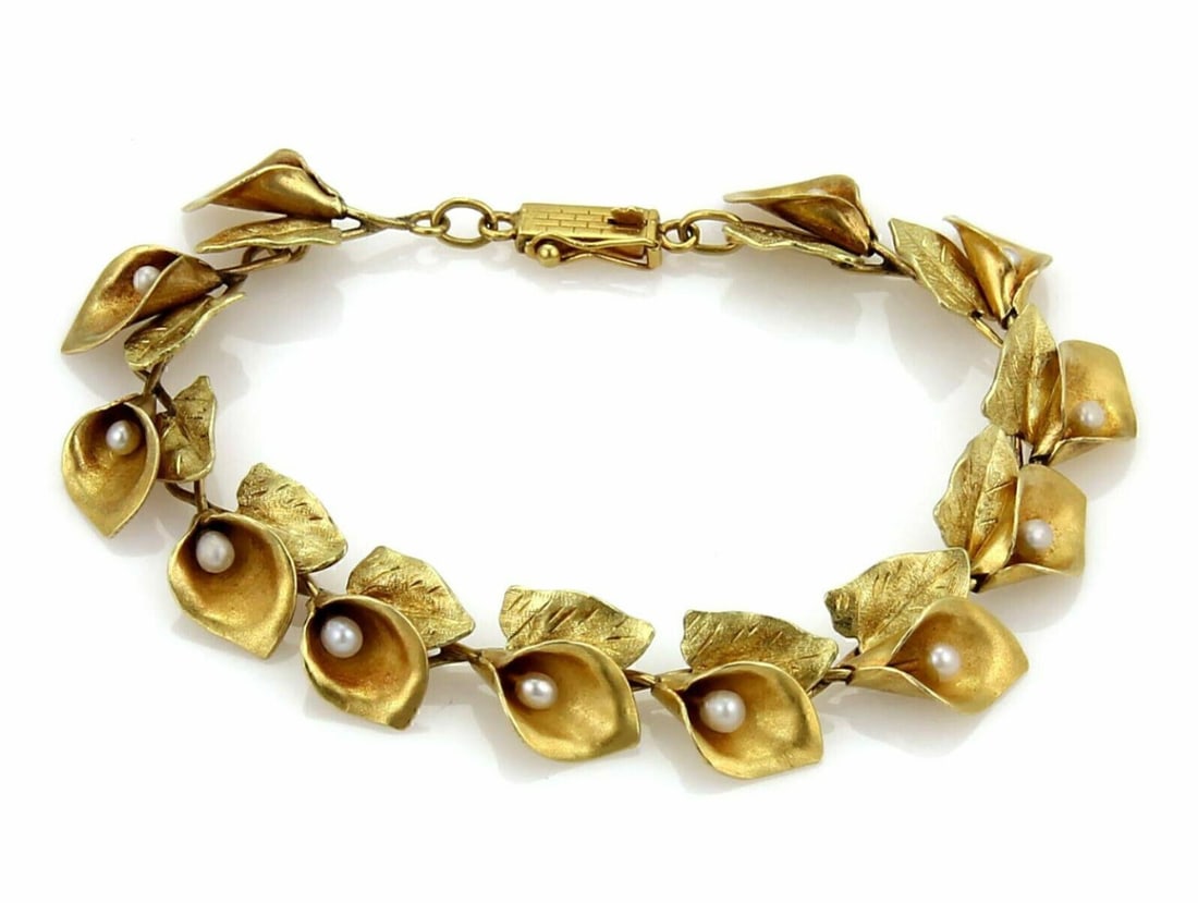 18k Yellow Gold Link Bracelet with Pearl and Calla Lily Motif Art Nouveau (1 of 5)