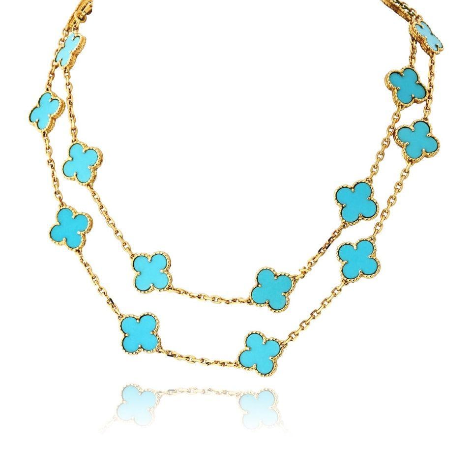 Alhambra Vintage Necklace 20 Turquoise Motifs Van Cleef 18K Yellow Gold: Alhambra Vintage Necklace 20 Turquoise Motifs Van Cleef 18K Yellow Gold This Van Cleef & Arpels Alhambra Vintage 20 Motif Necklace is crafted in 18K yellow gold and features luminous turquoise station