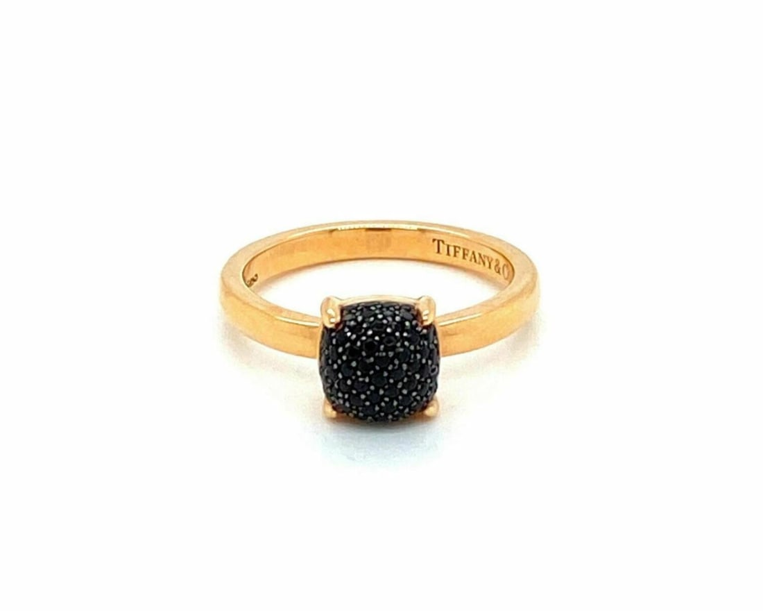 Paloma Picasso Sugar Stacks 18k Rose Gold Black Spinel Ring Size 5: Paloma Picasso Sugar Stacks 18k Rose Gold Black Spinel Ring Size 5 This Tiffany & Co. Sugar Stacks ring, designed by Paloma Picasso, features a cabochon black spinel gemstone set in 18k rose gold. The