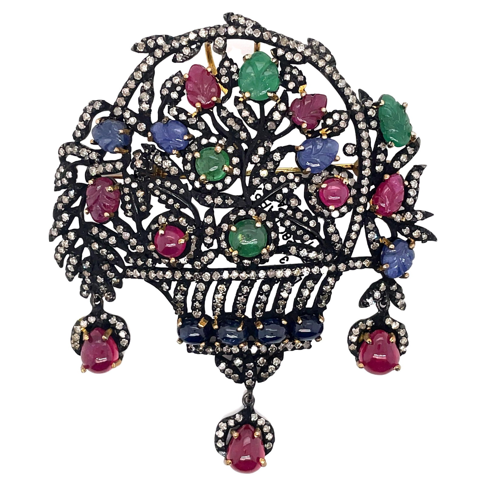 Victorian Style 7.55ct Diamond Ruby Sapphire Emerald Brooch Gold Silver (1 of 4)