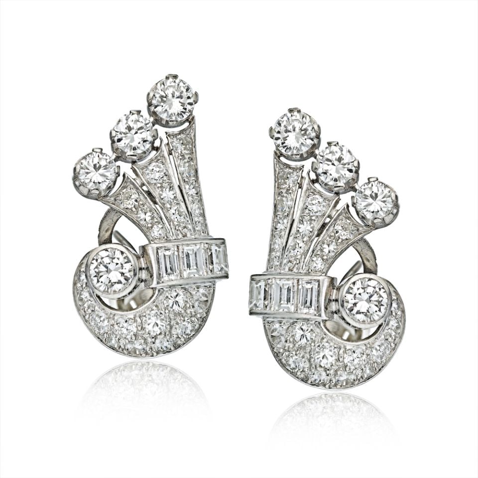 Art Deco Platinum Fan Earrings 4 Carat Diamonds for Pierced Ears: Art Deco Platinum Fan Earrings 4 Carat Diamonds for Pierced Ears Discover the elegance of these Art Deco Platinum Vintage Fan Earrings, meticulously crafted from high-quality platinum. These stunning 