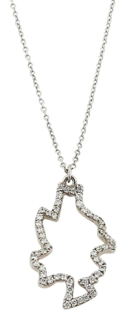 Frank Gehry Leaf Pendant Necklace in 18k White Gold with Diamond by Tiffany & Co.: Frank Gehry Leaf Pendant Necklace in 18k White Gold with Diamond by Tiffany & Co. This Tiffany & Co. Frank Gehry Diamond Leaf pendant necklace showcases a delicate leaf-shaped pendant crafted from 18k