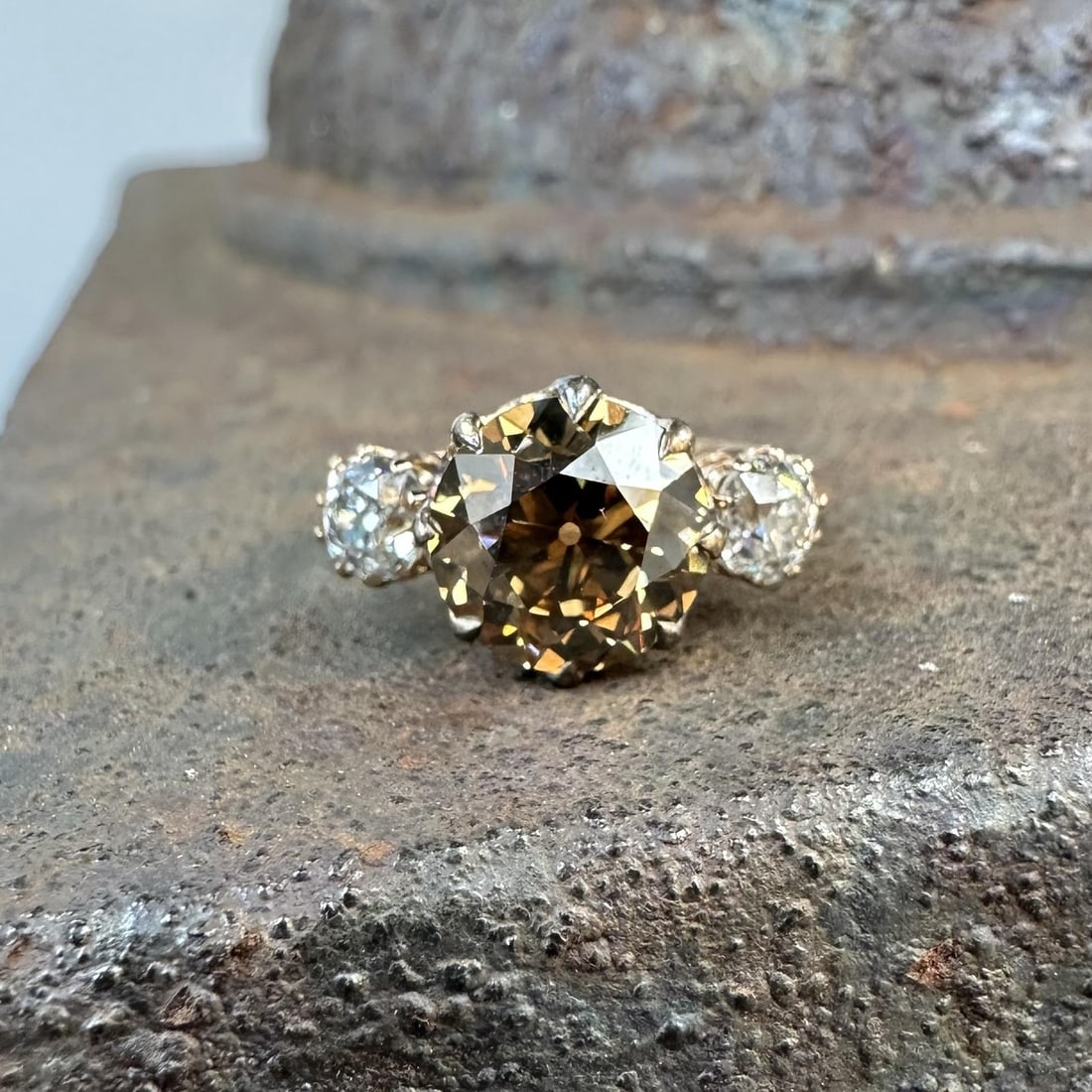 3.63ct Old European Fancy Yellow Brown and White Diamond 14k Gold Silver Ring GIA: 3.63ct Old European Fancy Yellow Brown and White Diamond 14k Gold Silver Ring GIA This antique Victorian cocktail ring features a 2.93 carat natural Old European cut diamond certified by GIA with a fa
