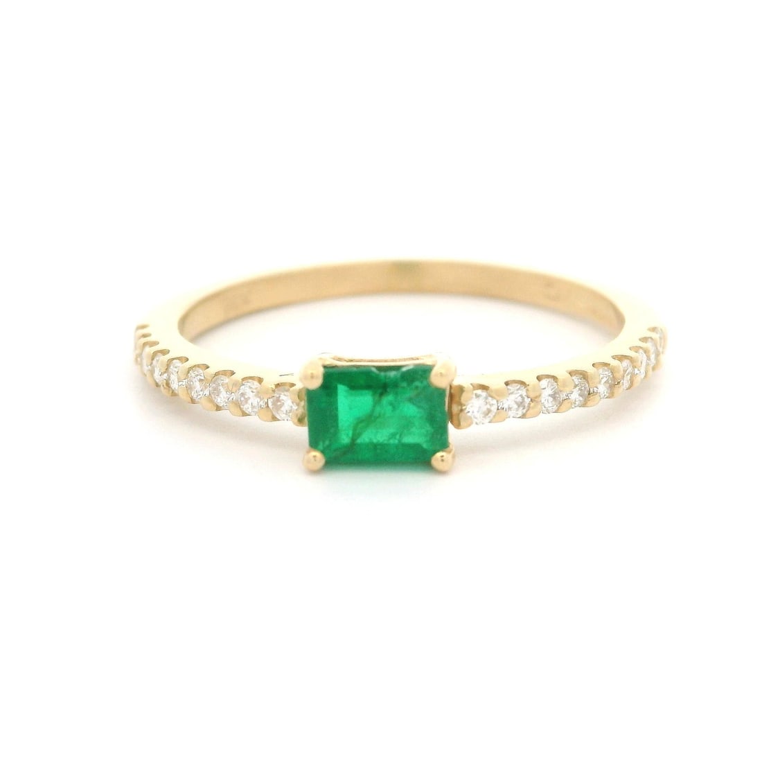 Elegant 14k Yellow Gold 0.49ctw Emerald Diamond Sideways Ring: Elegant 14k Yellow Gold 0.49ctw Emerald Diamond Sideways Ring This elegant sideways stackable ring features a stunning natural emerald at its center, beautifully complemented by a pave set of genuine 