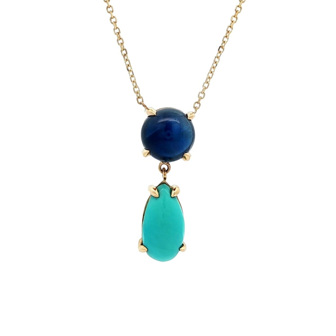 14k Yellow Gold 4.68ctw Sapphire Turquoise Drop Pendant Necklace: 14k Yellow Gold 4.68ctw Sapphire Turquoise Drop Pendant Necklace This stunning pendant necklace features a beautiful combination of natural gemstones, showcasing a pear cabochon turquoise and a round 
