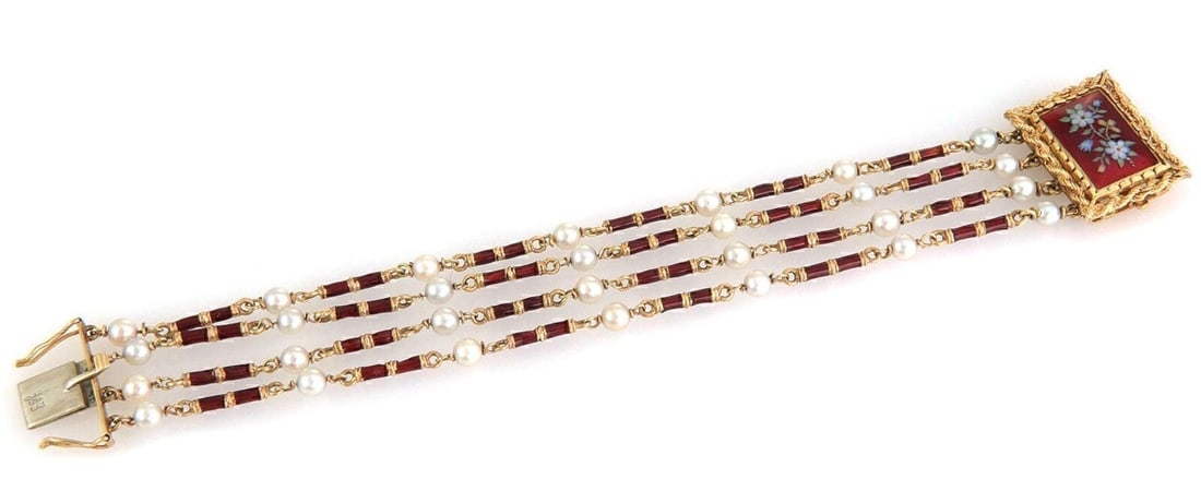 Four Strand Pearl and Enamel Floral Enhancer Bracelet in 18k Yellow Gold (1 of 6)