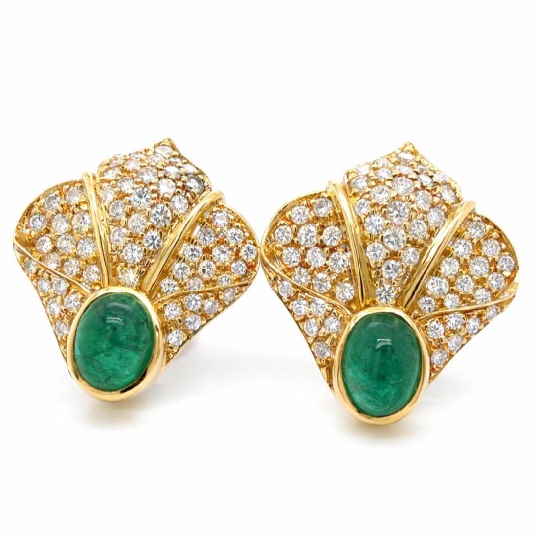 Emerald and Diamond Earrings in 18K Yellow Gold 1.25 Inch Length: Emerald and Diamond Earrings in 18K Yellow Gold 1.25 Inch Length Elegant earrings crafted in 18K yellow gold, featuring two emeralds with an approximate total weight of 6.00 carats. The earrings are a