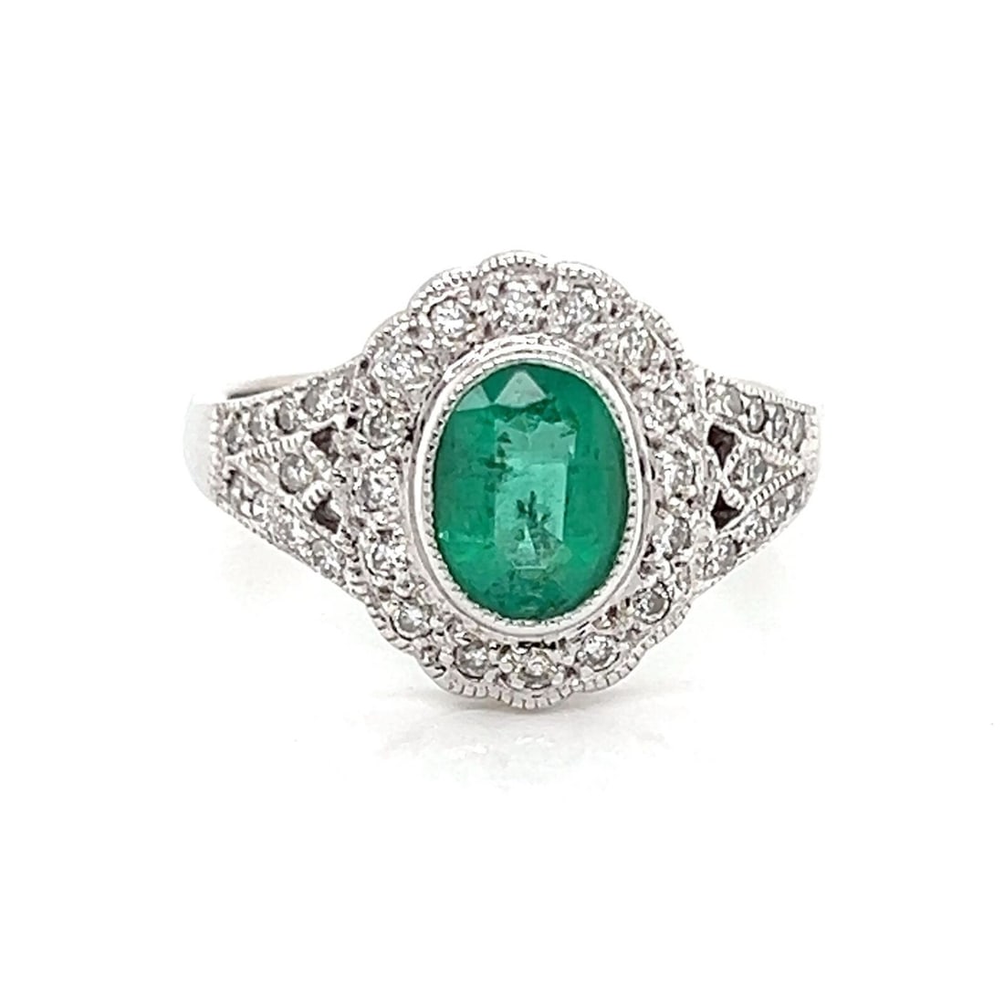 Vintage 14k White Gold Cocktail Ring with Diamonds and Oval Emerald Size 4 (1 of 6)