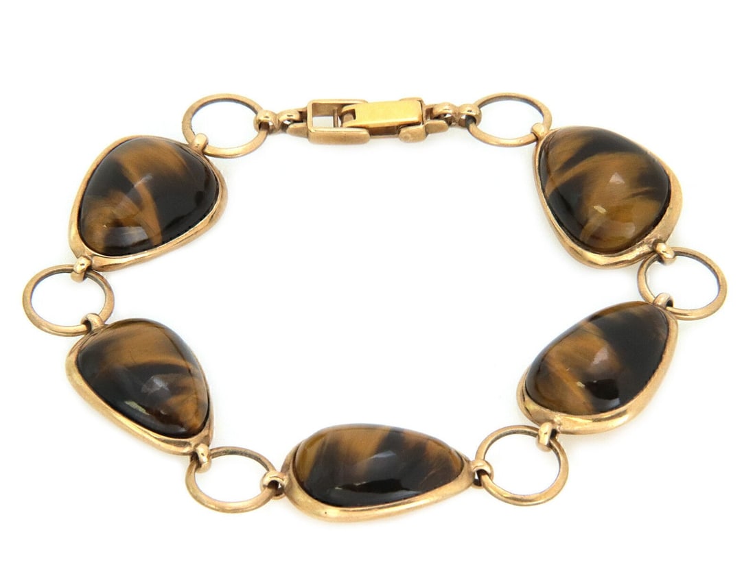 Vintage 9kt Yellow Gold Link Bracelet with Tiger's Eye Gemstone (1 of 5)