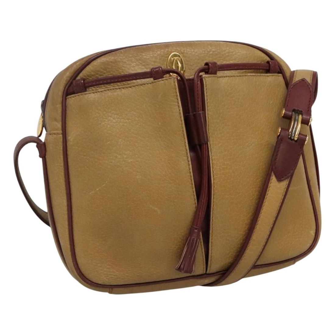 Yellow and Red Leather Cartier Shoulder Bag for Women: Yellow and Red Leather Cartier Shoulder Bag for Women This women's shoulder bag by Cartier features yellow and red leather with a structured silhouette. Made in Spain, the bag shows signs of heavy use
