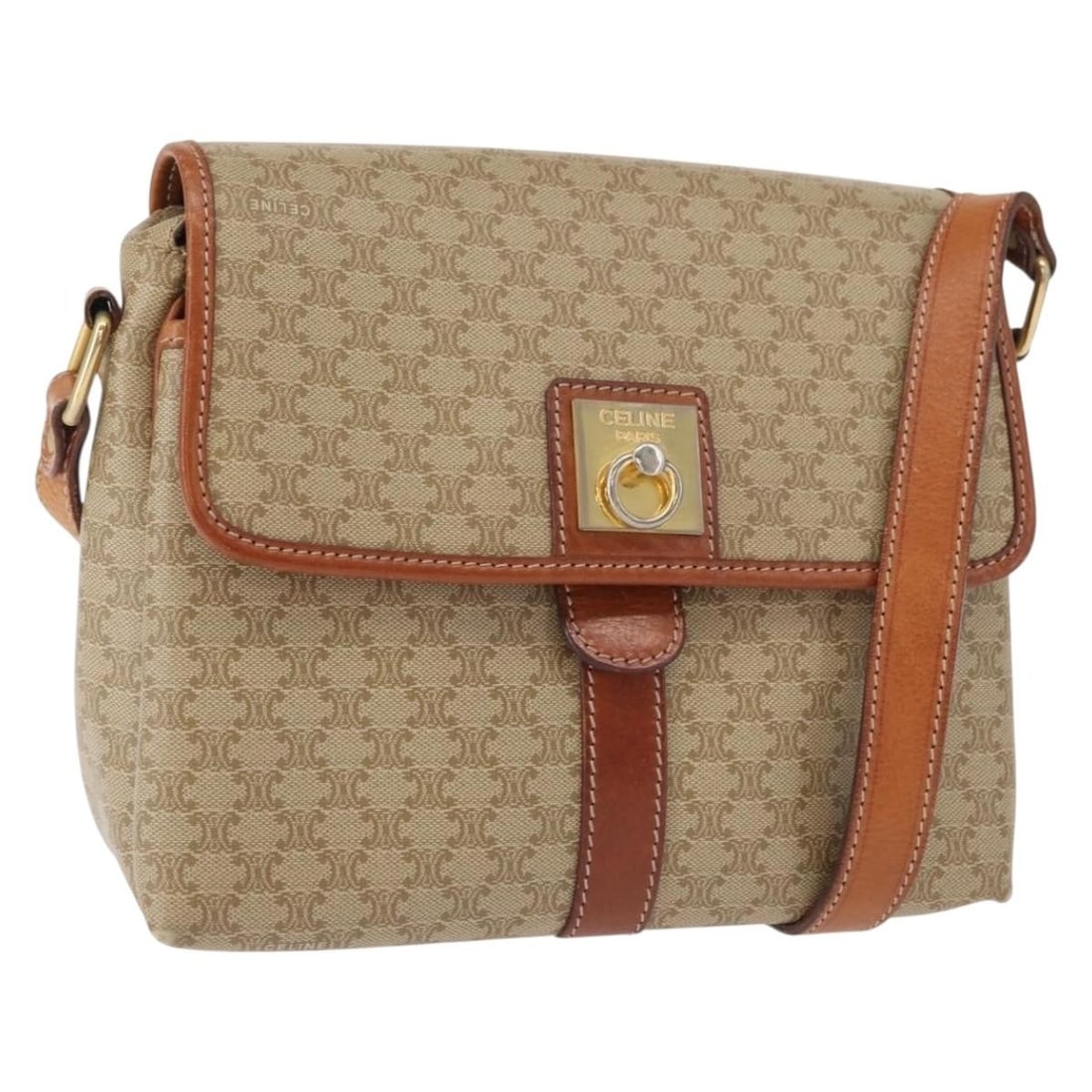 CELINE Macadam Beige Gold PVC Shoulder Bag Authentic Italy: CELINE Macadam Beige Gold PVC Shoulder Bag Authentic Italy Introducing the CELINE Macadam Canvas Shoulder Bag, a luxurious accessory made from durable PVC leather and featuring the classic beige and g