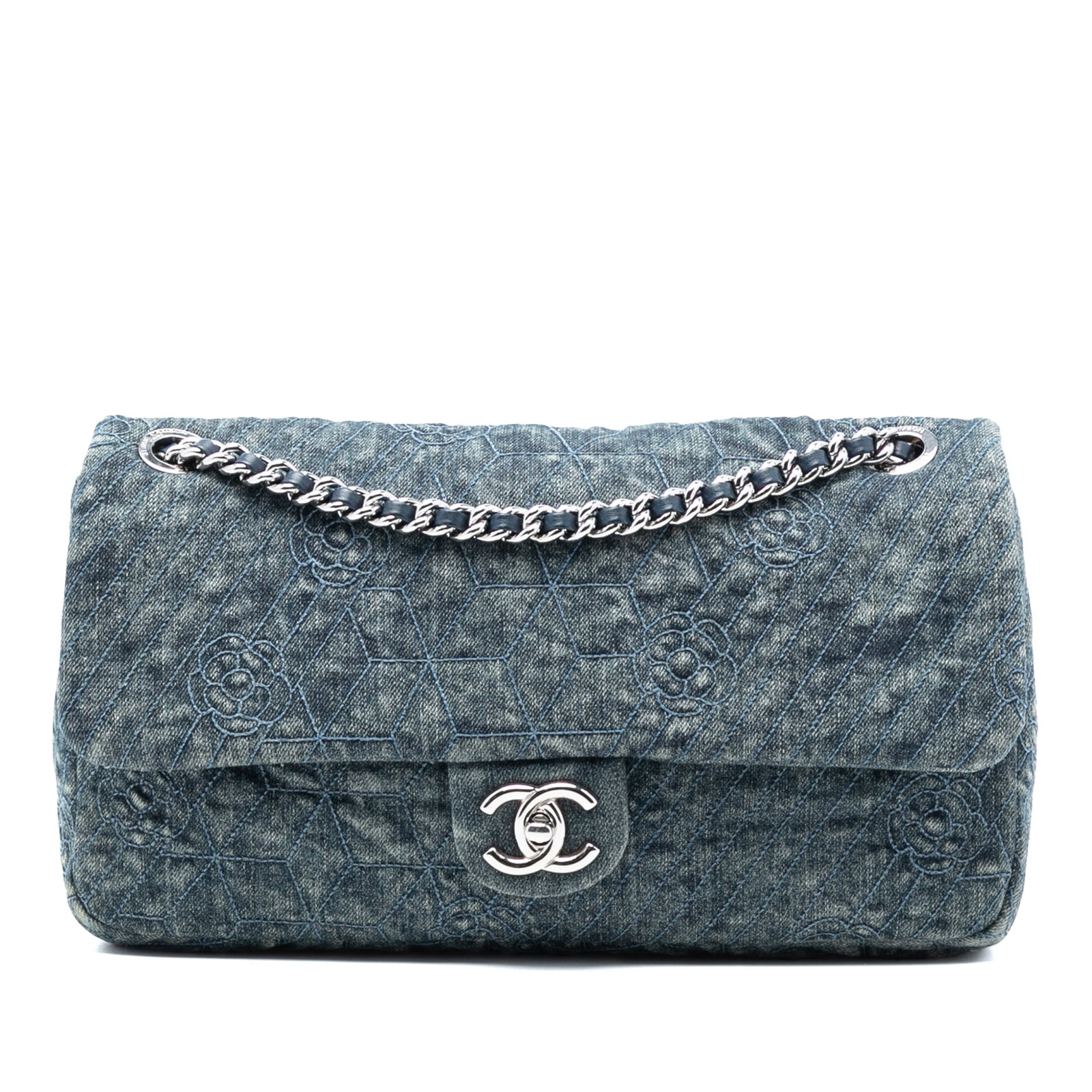Blue Denim Camellia Flap Bag with Embroidery by Chanel: Blue Denim Camellia Flap Bag with Embroidery by Chanel This Chanel Large Embroidered Denim Camellia Flap bag features an embroidered denim exterior with a signature Camellia motif. It is designed with