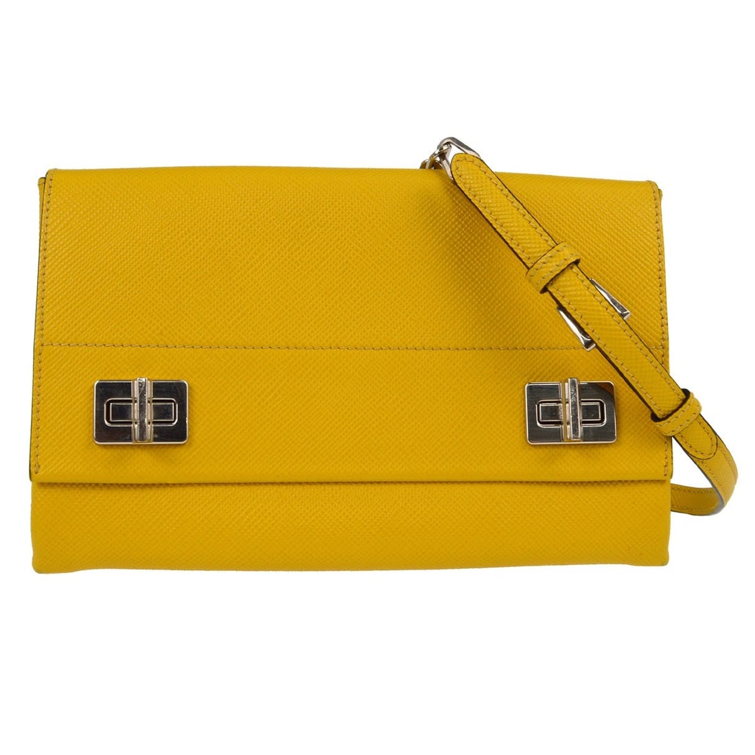 Prada Small Yellow Leather Shoulder Bag with Double Turn Lock: Prada Small Yellow Leather Shoulder Bag with Double Turn Lock This Prada shoulder bag features a vibrant yellow leather exterior with a double turn lock closure and logo accents. Designed in a small s