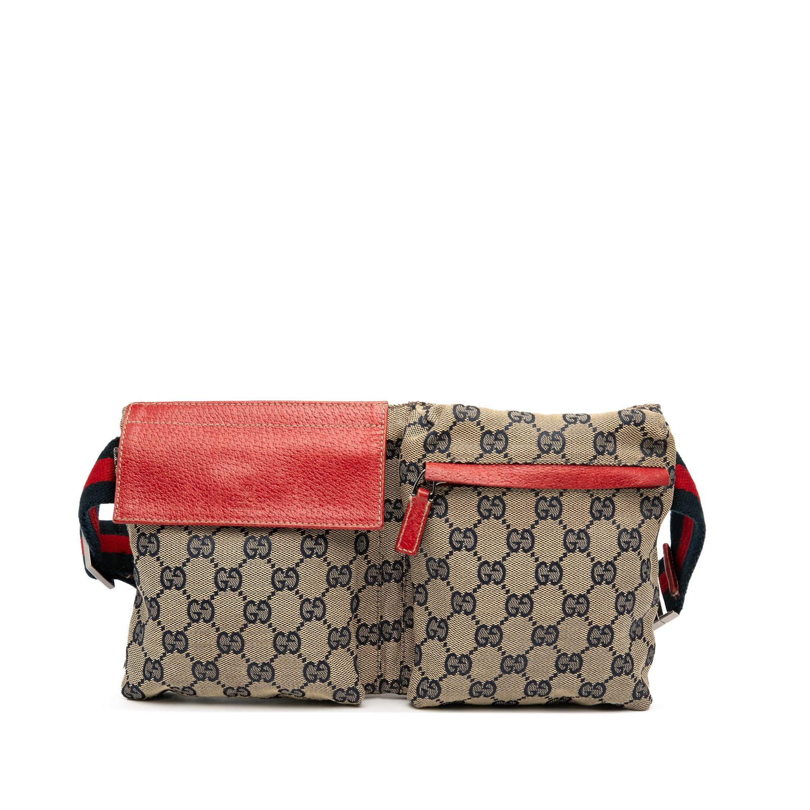 Gucci GG Canvas Web Double Pocket Belt Bag Brown Fabric Italy: Gucci GG Canvas Web Double Pocket Belt Bag Brown Fabric Italy This stylish Gucci GG Canvas Web Double Pocket Belt Bag features a durable canvas body complemented by leather trim. It is designed with a