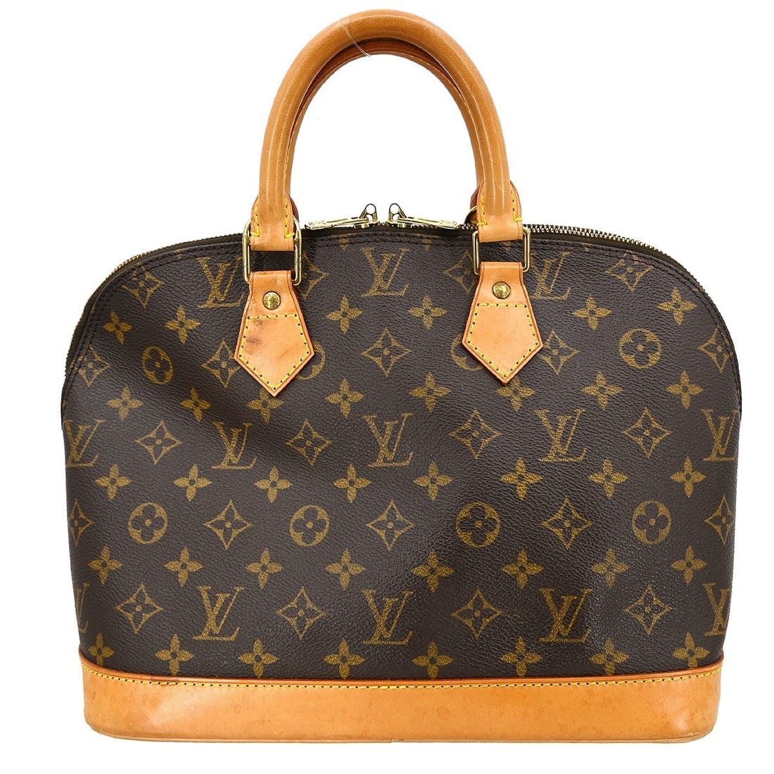 Louis Vuitton Alma Monogram Canvas Handbag Medium Brown M51130: Louis Vuitton Alma Monogram Canvas Handbag Medium Brown M51130 This Louis Vuitton Alma handbag features the iconic Monogram canvas with beige double handles and a zip closure. The medium-sized bag is 