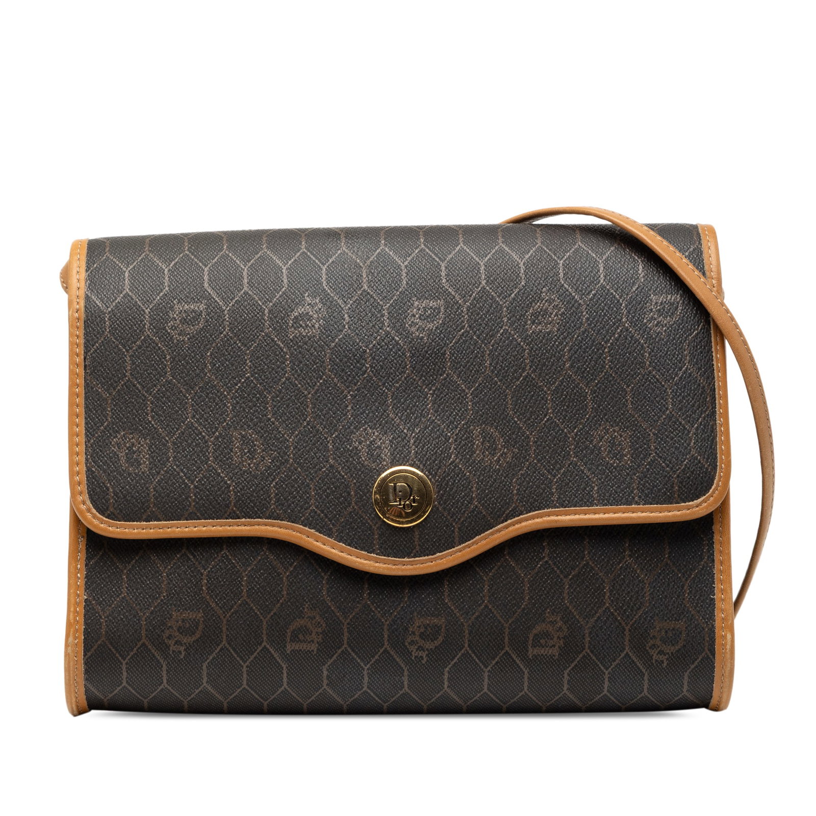 Dior Honeycomb Pattern Black Coated Canvas Crossbody Bag with Leather Trim: Dior Honeycomb Pattern Black Coated Canvas Crossbody Bag with Leather Trim This Dior Honeycomb crossbody bag features a coated canvas body with leather trim, a flat leather strap, a front flap with ma