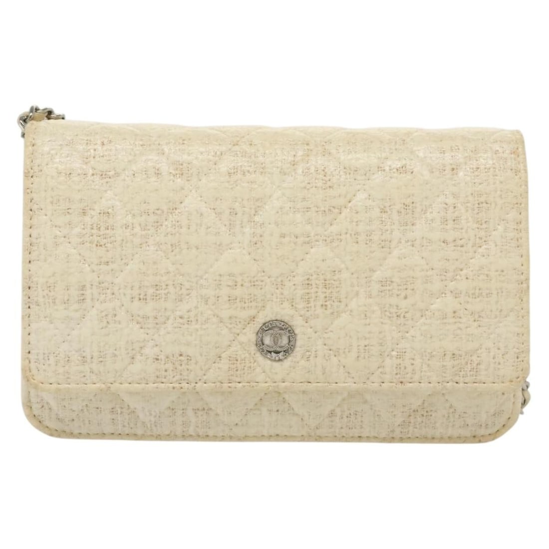 Chanel Tweed Female Wallet on Chain 19cm x 11cm x 4cm White: Chanel Tweed Female Wallet on Chain 19cm x 11cm x 4cm White This Chanel Wallet on Chain for women features a white tweed exterior with a shoulder strap and metal fittings. The item shows signs of wear