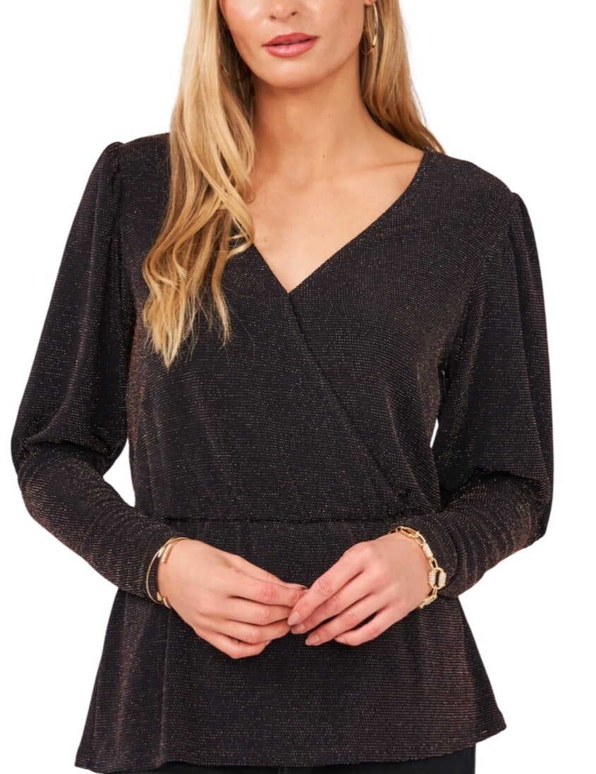 Vince Camuto Black Gold Metallic Surplice Blouse Size S (1 of 2)