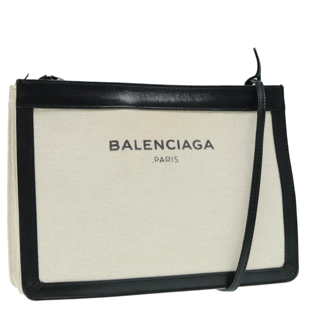 Balenciaga Navy Pochette White Canvas Leather Clutch Bag: Balenciaga Navy Pochette White Canvas Leather Clutch Bag This Balenciaga Navy Pochette is crafted from white canvas with leather accents, designed for women. The bag features a spacious interior with 