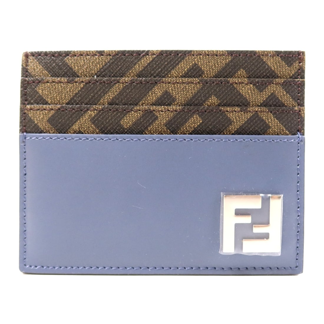 Fendi Squared Blue Brown Leather Coated Canvas Card Holder Italy: Fendi Squared Blue Brown Leather Coated Canvas Card Holder Italy This FENDI squared card case is crafted from leather and coated canvas in blue and brown tones. Designed for women, it offers a stylish