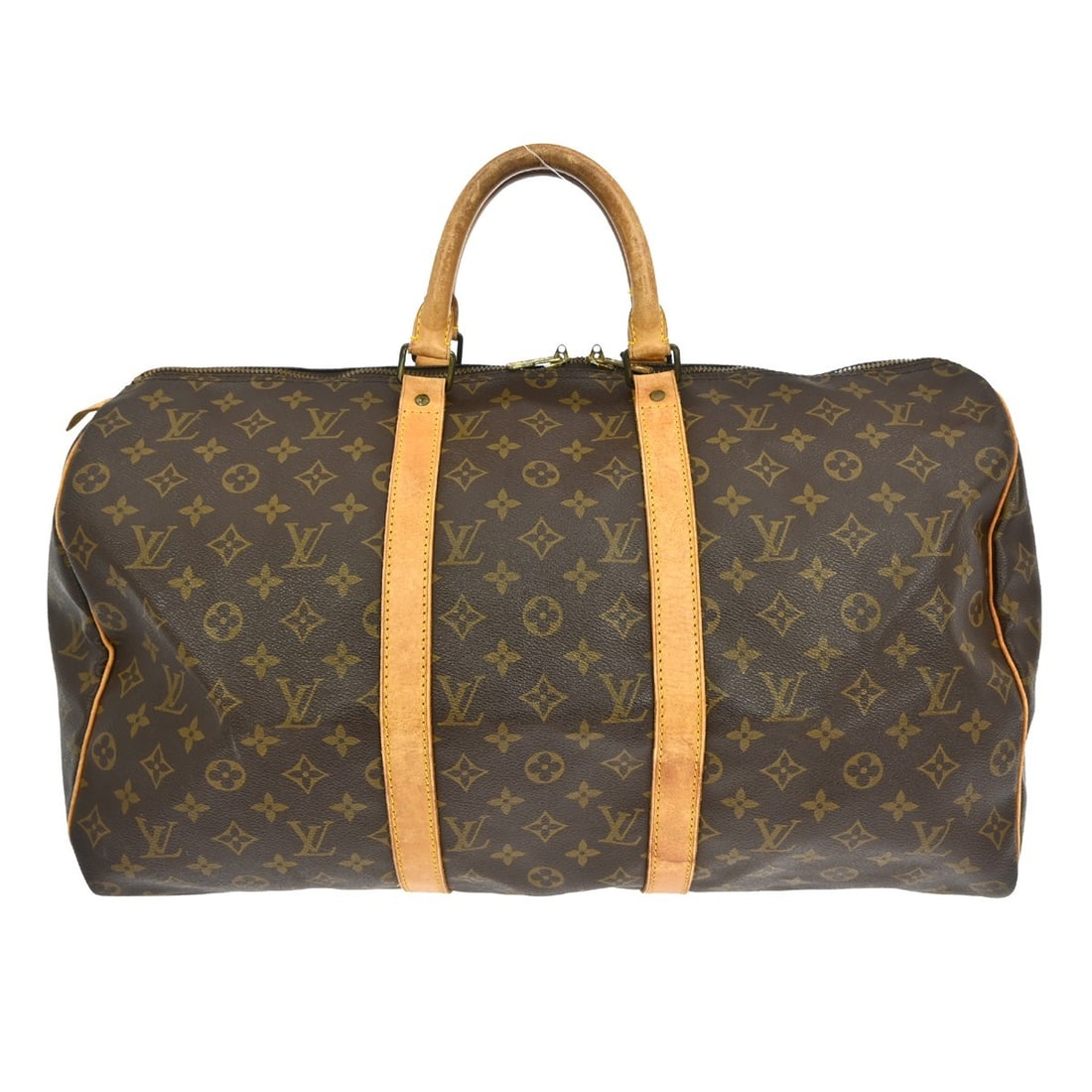 Keepall Canvas Travel Bag by Louis Vuitton in Monogram Pattern: Keepall Canvas Travel Bag by Louis Vuitton in Monogram Pattern This Louis Vuitton Keepall bag features the iconic monogram canvas design in brown. Suitable for unisex use, it is crafted from durable c