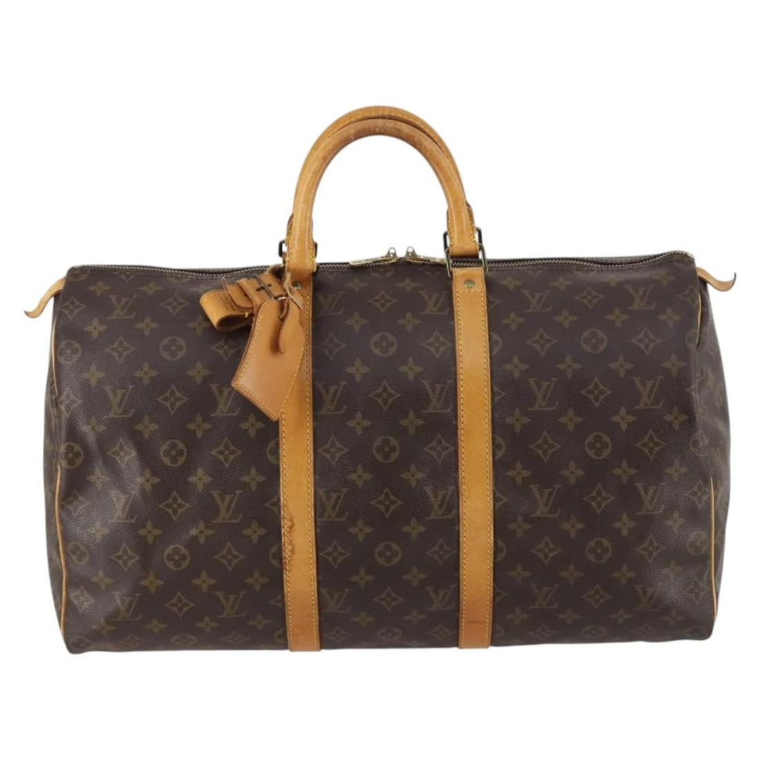 Keepall Travel Duffel in Monogram Canvas by Louis Vuitton: Keepall Travel Duffel in Monogram Canvas by Louis Vuitton This Louis Vuitton Keepall Bag features the signature monogram canvas in brown and is designed for unisex use. The bag is in fair condition, w