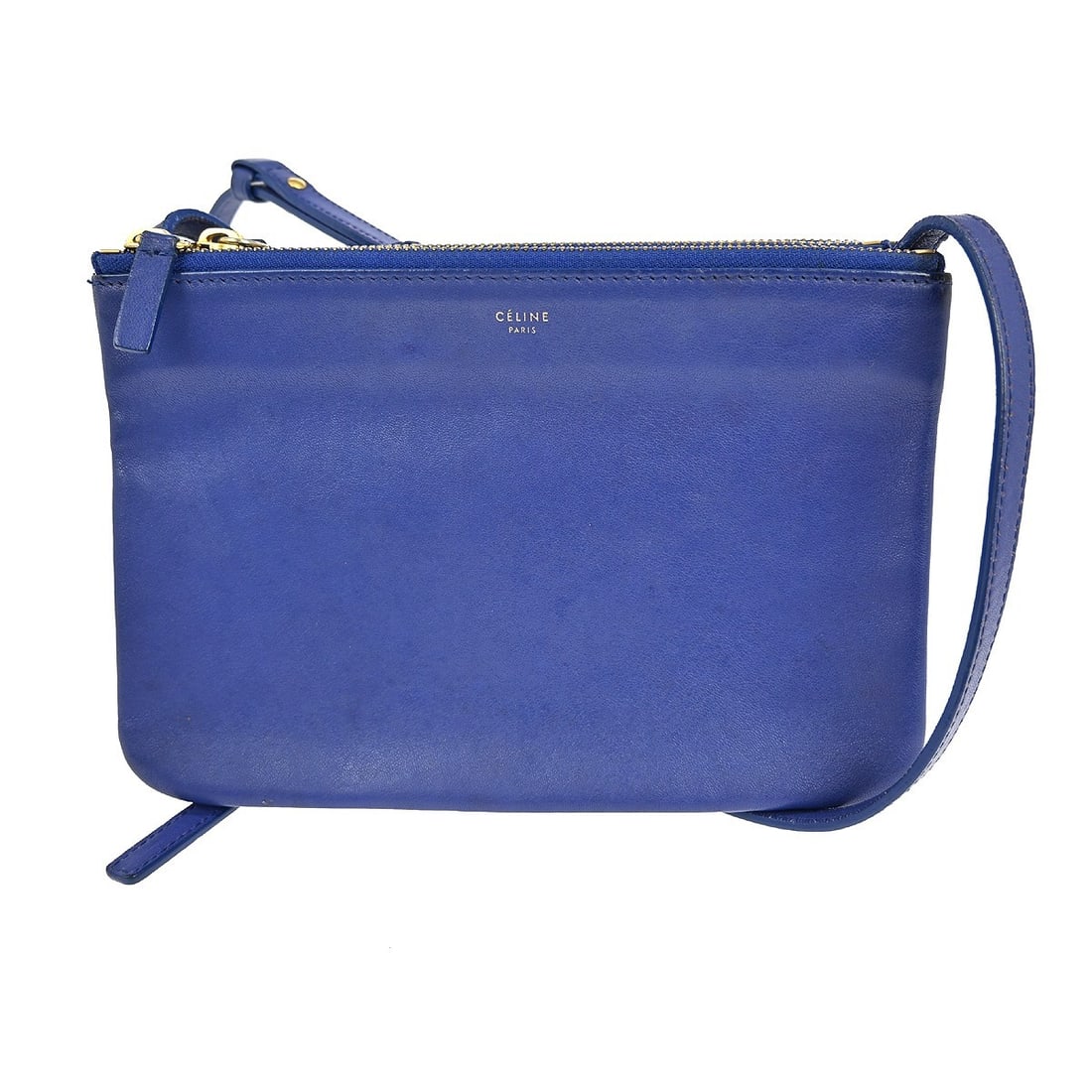 Celine Trio Blue Leather Small Shoulder Bag with Logo Accent: Celine Trio Blue Leather Small Shoulder Bag with Logo Accent This is a Celine Trio shoulder bag crafted from blue leather. Featuring a small size and a shoulder strap handle, this bag is designed for 