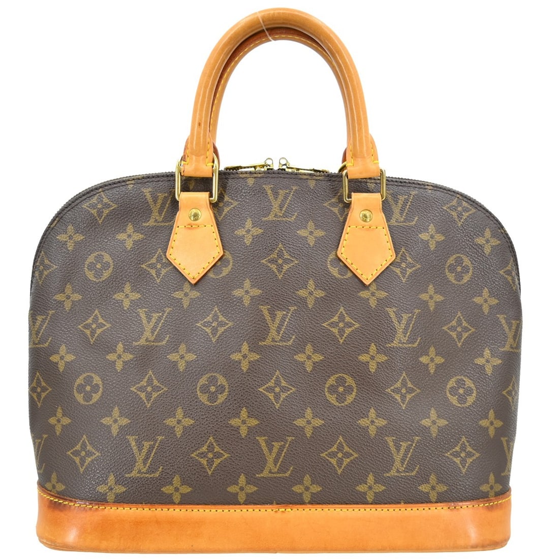 Louis Vuitton Alma Medium Monogram Canvas Brown Handbag M51130: Louis Vuitton Alma Medium Monogram Canvas Brown Handbag M51130 This Louis Vuitton Alma handbag features the iconic Monogram canvas design with beige double handles. The medium-sized bag includes a zip