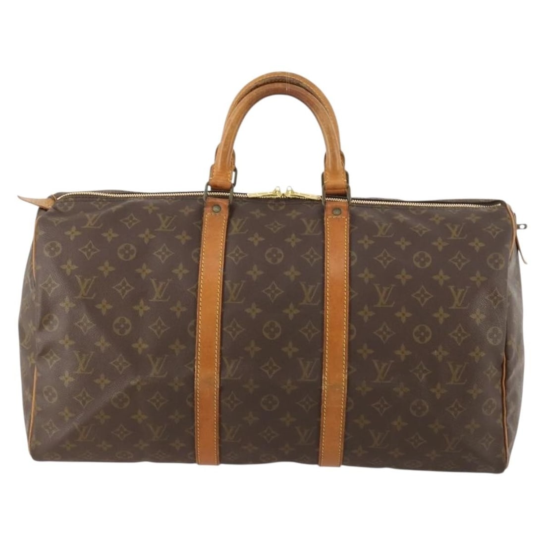 Brown Canvas Keepall Travel Bag by Louis Vuitton Unisex 50cm: Brown Canvas Keepall Travel Bag by Louis Vuitton Unisex 50cm This Louis Vuitton Keepall Bag features the iconic Monogram canvas in brown, designed for unisex use. The bag displays signs of use includi