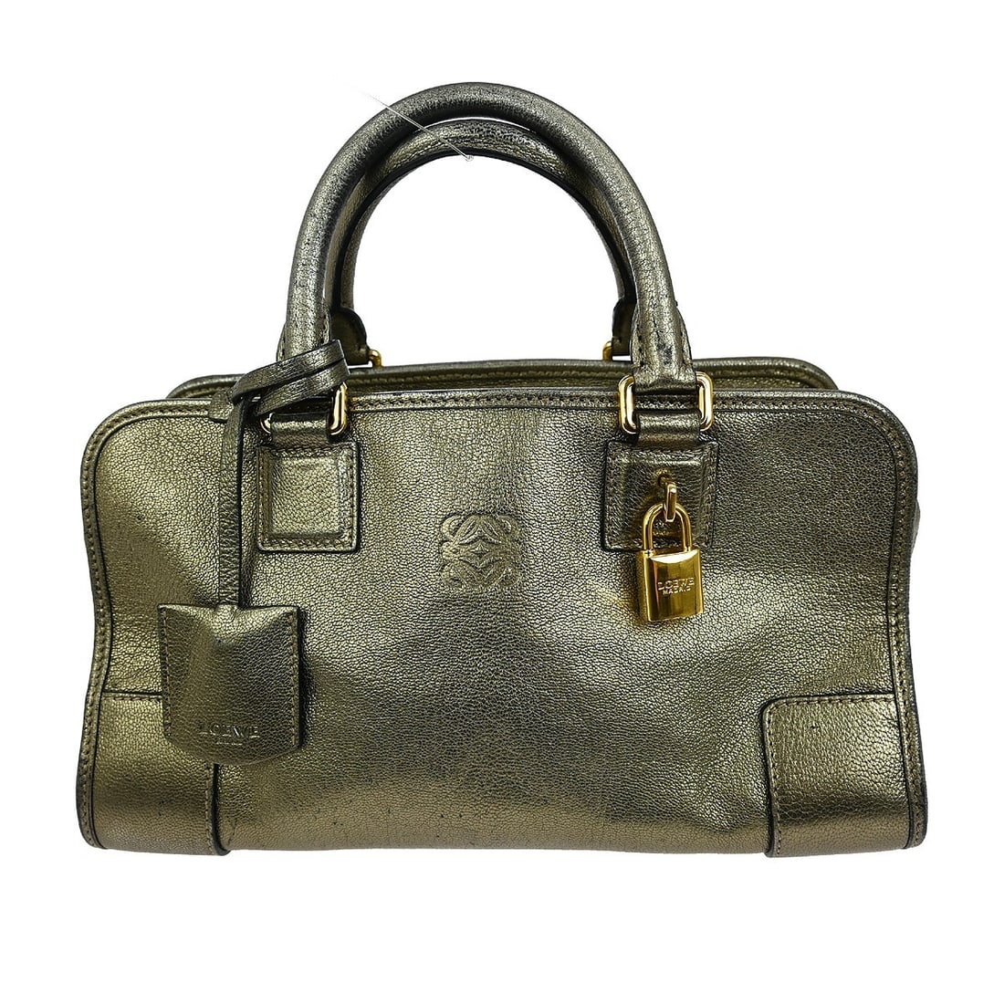 Loewe Amazona 28 Gold Lambskin Medium Top Handle Bag with Double Handles: Loewe Amazona 28 Gold Lambskin Medium Top Handle Bag with Double Handles This Loewe Amazona 28 handbag features a gold lambskin leather exterior with double handles and a zip closure. Designed in a me