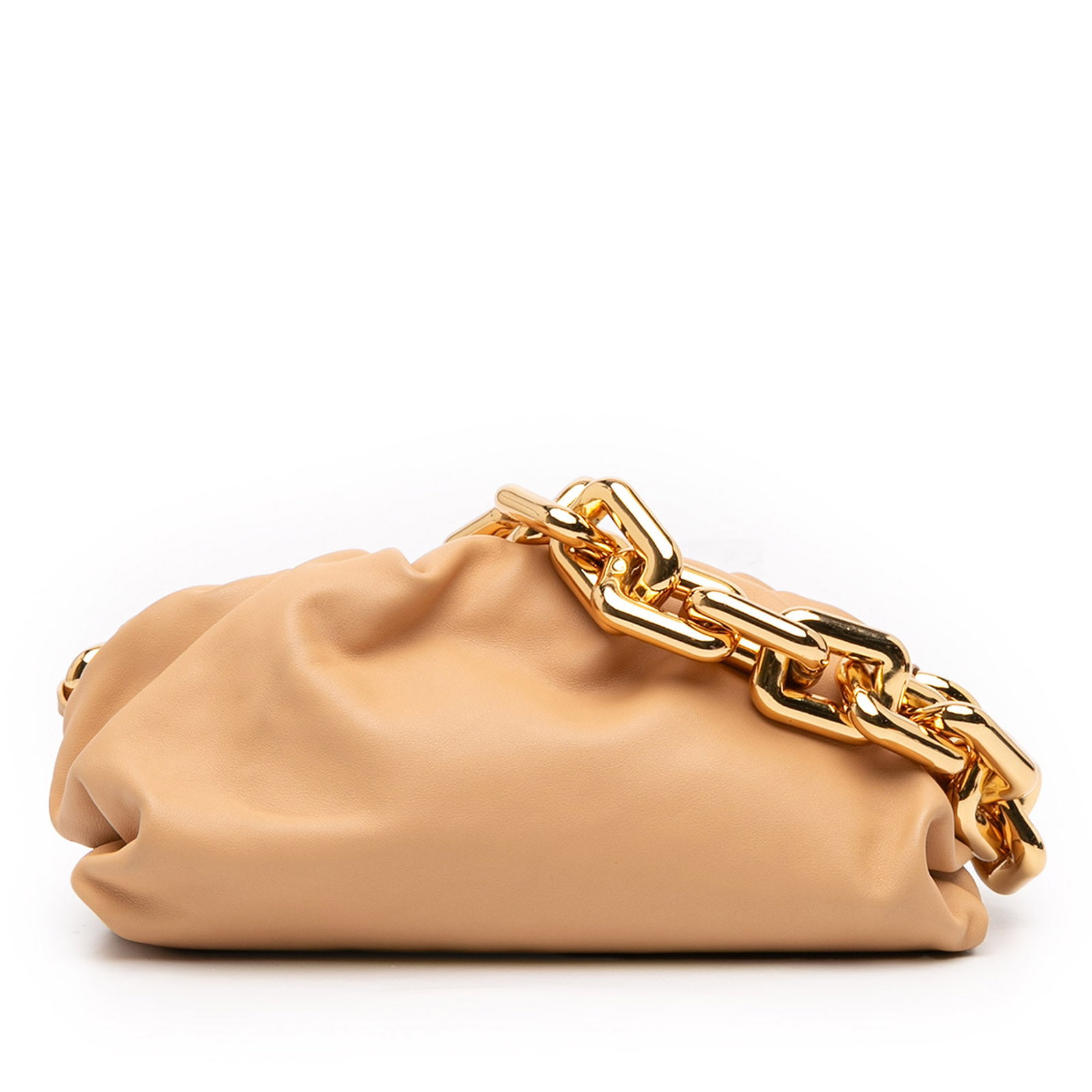 Bottega Veneta Beige Leather Small Chain Strap Pouch Handbag: Bottega Veneta Beige Leather Small Chain Strap Pouch Handbag This Bottega Veneta Small Lambskin Chain Pouch features a beige leather body complemented by a gold-tone chain link strap and a top magneti